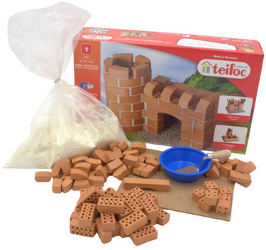 Teifoc ® bouwdoos – klein kasteel – 100 onderdelen – echte mini bakstenen met cement, kom en troffel – bouwpakket voor kinderen vanaf 6 jaar