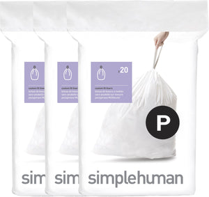 Simplehuman code p afvalzakken - 60 liter - 60 stuks - met trekband - wit
