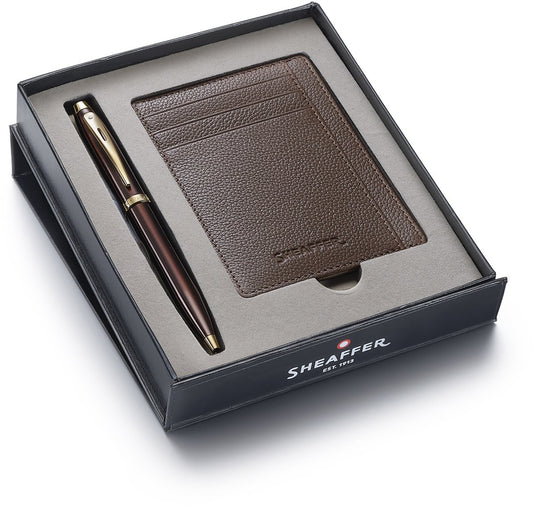 Sheaffer balpen giftset 100 9370 - glossy brown gold tone - met creditcardhouder - rustic mocha
