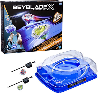 Hasbro beyblade x drop attack battle-set met beystadium - 2 rechtsdraaiende speeltollen en 2 launchers