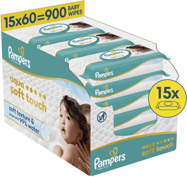 Pampers aqua soft touch babydoekjes, 15 verpakkingen van 60 doekjes = 900 doekjes