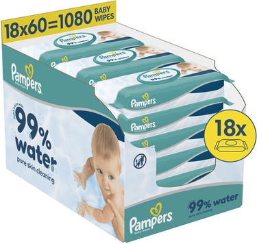 Pampers 99% water - billendoekjes - zachte lotion met 99% water - 18 verpakkingen van 60 doekjes = 1080 babydoekjes