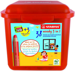 Stabilo woody 3 in 1 - multi talent kleurpotloden - schooldoos met 38 stuks 3 puntenslijpers