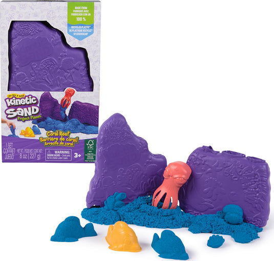 Kinetic sand project planet - koraalrif met 227 g blauw origineel en twee soorten gereedschap - milieuvriendelijk - sensorisch speelgoed