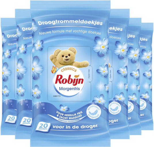 Robijn - droogtrommeldoekjes - morgenfris - beschermen kleuren en stoffen en helpen tegen statische kleding - 6 x 20 stuks