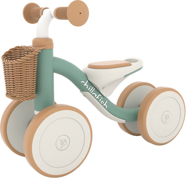 Chillafish loopfiets 1 jaar voor jongens en meisjes met mandje - loopwagen voor peuters tot 3 jaar - groen - lichtgewicht auto met handvat om te dragen - stille anti slip banden voor binnen en buiten - stabiel met 4 wielen - model cruzi