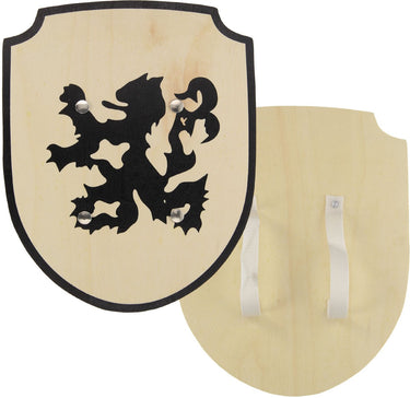 Playwood houten schild ridder leeuw met stoffen handvat speelgoed.