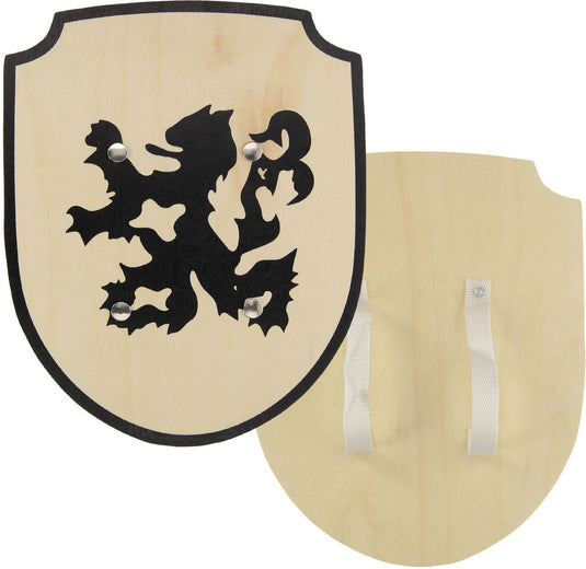 Playwood houten schild ridder leeuw met stoffen handvat speelgoed.