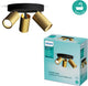 Philips led philips idris spot - plafondspot - spatwaterdicht ip44 - zwart met goud - badkamerlamp - drie lichtpunten - ronde basisplaat - alleen geschikt voor led spots