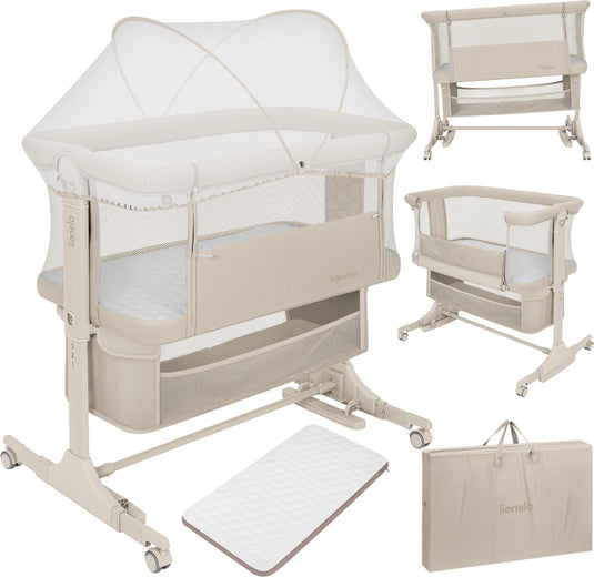 Lionelo jodie 3in1 wieg – aanschuifbed, vrijstaand bedje schommelwieg – co sleeper - 6 hoogtestanden – t25 matras – neerklapbare zijde – inclusief klamboe mand