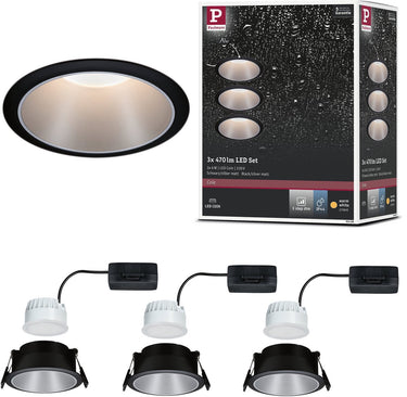 Paulmann led-inbouwlamp 3-step-dim cole coin set van 3 ip44 rond 88 mm coin 3x6w 3x470lm 230v dimbaar 2700k zwart, zilver mat