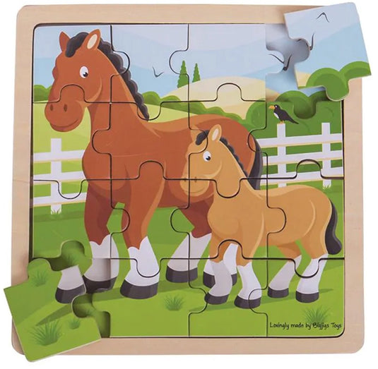 Bigjigs puzzel - paard met veulen - hout - 18x18cm - 16st.