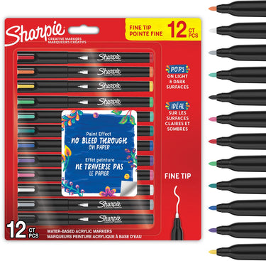 Sharpie creative marker acrylverf pennen | water-based verfmarkers | niet-doorlopende inkt schrijft op de meeste oppervlakken | fijne punt | knutsel- en kunstbenodigdheden | diverse kleuren | 12 stuks