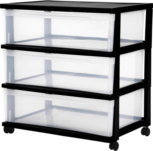 Iris new wide chest ladesysteem - 3 lades x 30l - kunststof - zwart transparant - met wielen