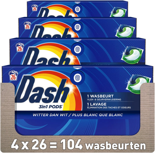 Dash 3in1 wasmiddel pods - 4 x 26 wasbeurten - witter dan wit