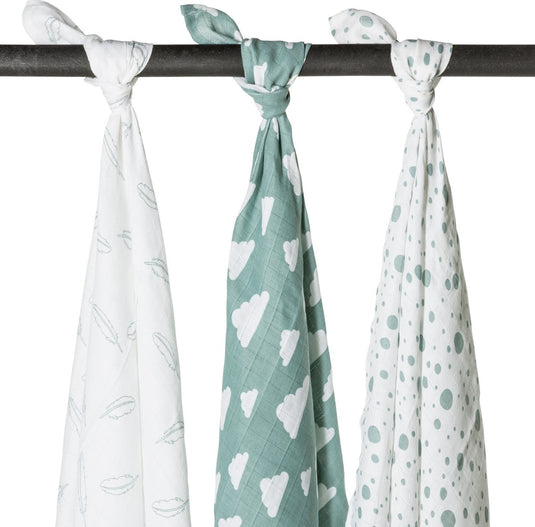 Meyco baby clouds dots feathers swaddle - 3-pack - hydrofiel - stone green - 120x120cm