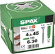 Spax pluggen type sd 6 x 30 mm + universele schroef, 4,5 x 45 mm, verzonken kop, deeldraad, t-star plus t20, wirox, 100 + 100 stuks - 5000001200015