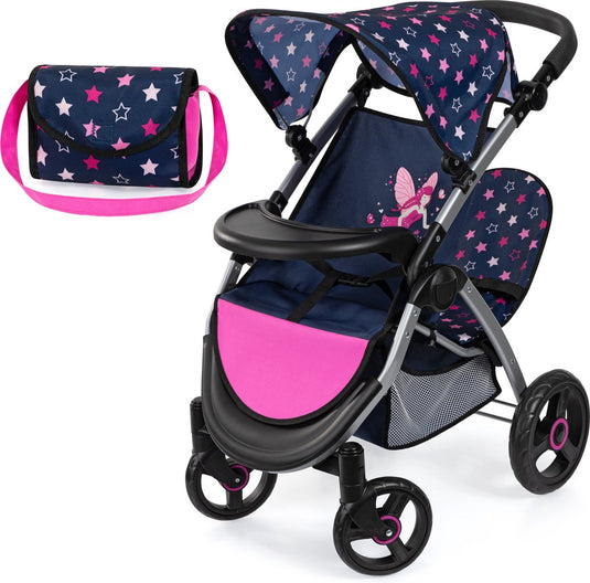Bayer design tweeling poppenwagen twin xeo, dubbele poppenwagen, verstelbare duwstang, tas