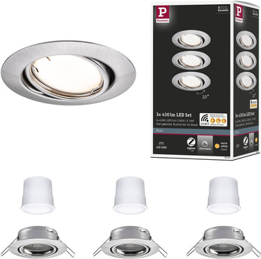 Paulmann led-inbouwlamp smart home zigbee 3.0 base coin basisset zwenkbaar rond 90 mm 20° coin 3x4,9w 3x430lm 230v dimbaar 3000k staal geborsteld