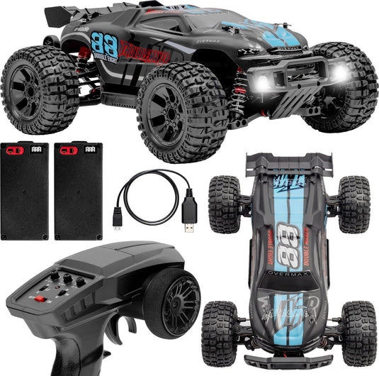 Overmax x-stable rc auto rc car – 35 km h – 4x4 monster truck – 1:10 – metalen aandrijving – olie-schokdempers – dubbele led verlichting – 2 accu’s (tot 40 min rijtijd) – instelbare besturing – actieve rem – offroad terrein model - bestuurbare auto