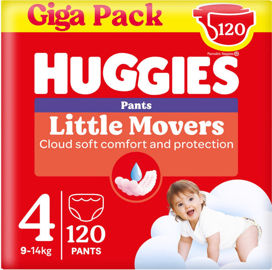 Huggies ® little movers baby luierbroekjes, maat 4 (9 tot 14 kg), 120 luierbroekjes met disney© designs, giga pack
