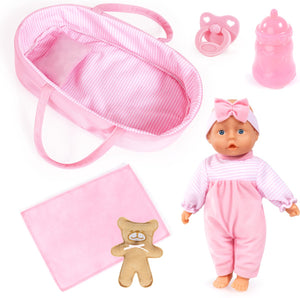 Bayer design babypop, zacht lichaam, 28 cm, poppendraagtas, deken, kussen, fopspeen, fles, teddybeer