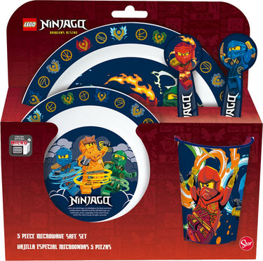 Stor lego ninjago kinderservies - 5-delig - herbruikbaar - inclusief bord, kom, bestek en beker - vaatwasser- en microgolfbestendig bpa-vrij - wit donkerblauw
