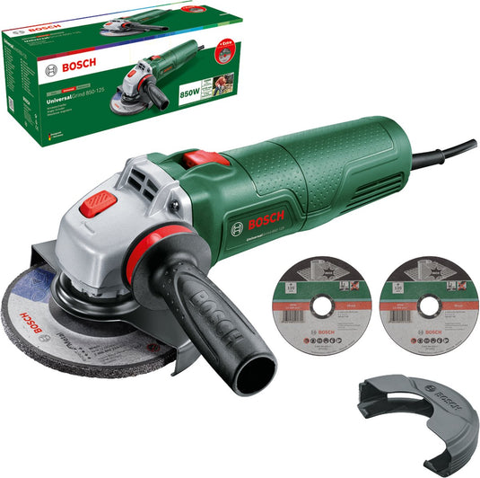 Bosch universalgrind 850-125 - haakse slijper - inclusief vibration control handgreep - beschermkap - clip-on beschermkap - slijpschijf - 2x doorslijpschijf