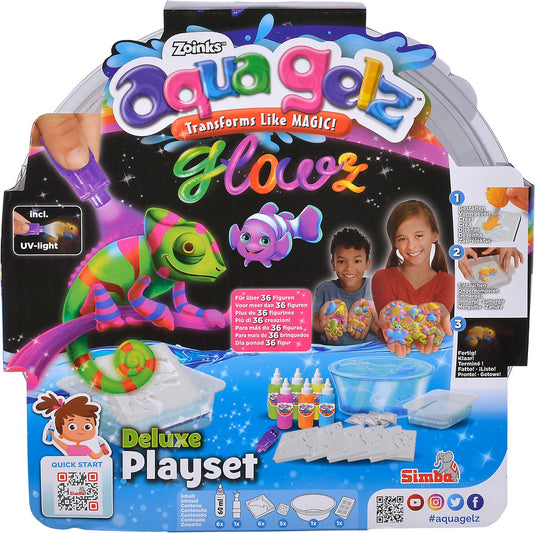 Simba - aqua gelz - deluxe set glowz - 6 flesjes kleurgel, met glow in the dark effect, met zaklamp, 6 mallen, 5 wateradditief, kom - hobbypakket