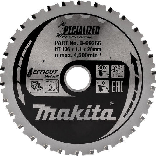 Makita b-69303 cirkelzaagblad staal | efficut | 136 x 20 mm | 30-tands