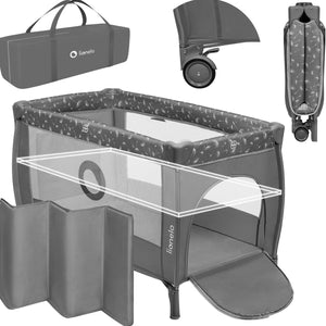 Lionelo stefi plus campingbedje 4 in 1 – baby bed inklapbare box reisbedje met bodemverhoger (rugvriendelijk ontwerp) – met comfort matras – 60x120 cm – 0-36 maanden tot 15 kg – zij-ingang – wielen – transporttas – babybed babybox ledikant