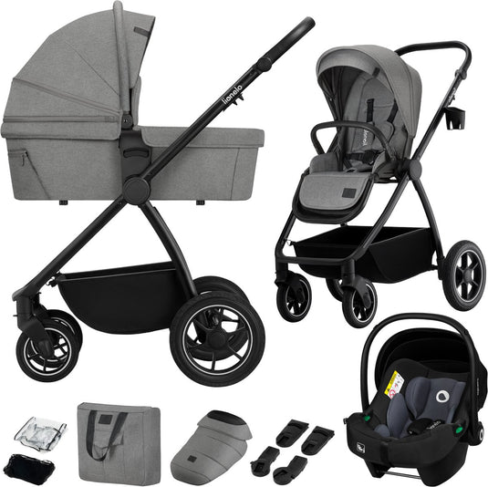 Lionelo meril 3in1 kinderwagen - buggy – xl reiswieg, wandelwagen adac-gecertificeerd autostoeltje – all-terrain wielen – compleet accessoireset – upf50+