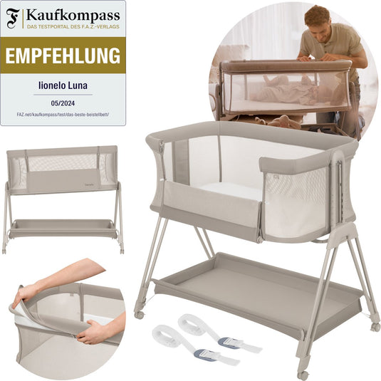 Lionelo luna – 2-in-1 babybedje co-sleeper – geboorte tot 9 kg – 7 hoogtestanden – kantelbaar matras – mesh zijkanten – wielen met blokkade – wasbare hoes – inclusief opbergmand