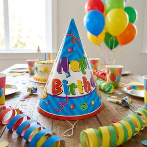 Non-branded party casa feesthoedjes 6 stuks - verjaardag hoedjes met happy birthday opdruk - party hoedjes met elastiek - feestmuts voor verjaardag - verjaardagshoedjes blauw