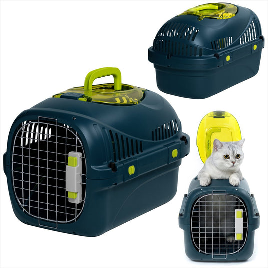 Peluvio safy katten vervoersbox – reismand -draagtas voor katten tot 5 kg – lichtgewicht inklapbaar – stevige pp-behuizing metalen deur – goede ventilatie – uitneembaar rooster water- voerbakje – veilig comfortabel onderweg