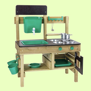 Hape premium buitenkeuken modderkeuken - speelkeuken buiten met watertank en kraan - duurzaam hout - 3 jaar+