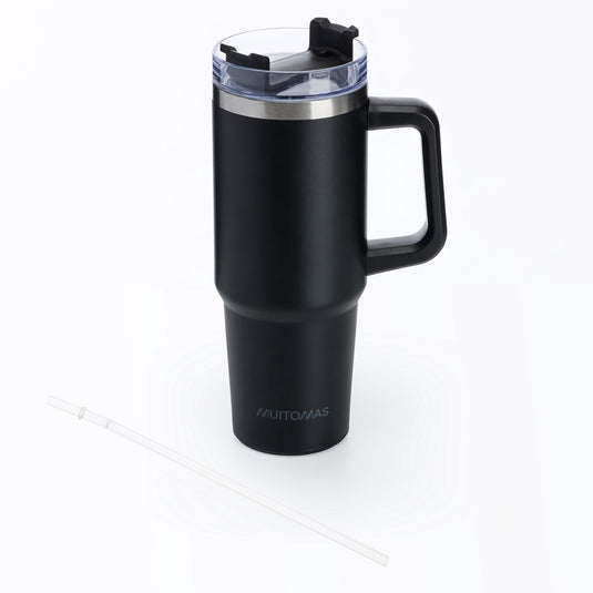 Muitomas reismok - travel mug - dubbele geïsoleerde wand - praktisch rietje handvat - 900ml - zwart