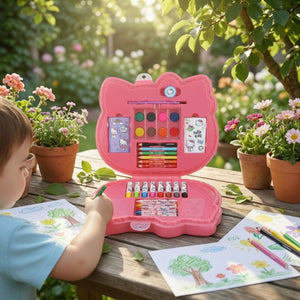 Merkloos sans marque no brand hello kitty tekenkoffer 35-delig - draagbare tekendoos - met stiften, kleurpotloden, waskrijt en verf - compleet hobbypakket voor kinderen - afmetingen 28x24x3,5cm - kleur roze