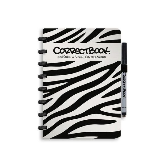 Correctbook a5 uitwisbaar notitieboek – brave zebra – blanco – herbruikbaar schrift – inclusief pen wisdoekje – aanvulbaar met extra pagina’s