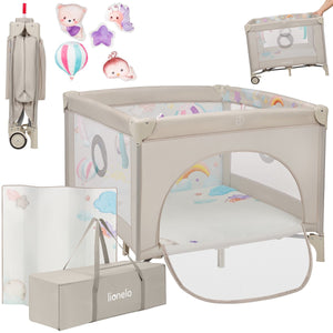 Lionelo mille plus kinderbox 0-36 maanden – babybox met t25 schuimmatras, educatief speelgoed, handgrepen voor leren staan, inklapbaar mobiel, zijdeur met ritssluiting – speelbox voor thuis en op reis
