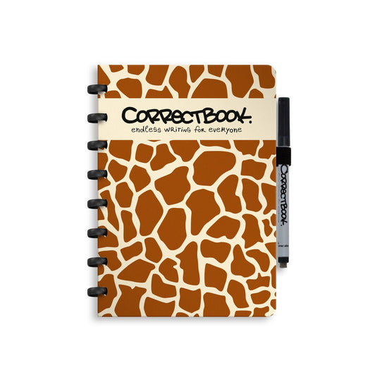Correctbook a5 uitwisbaar notitieboek – curious giraffe – blanco – herbruikbaar schrift – inclusief pen wisdoekje – aanvulbaar met extra pagina’s