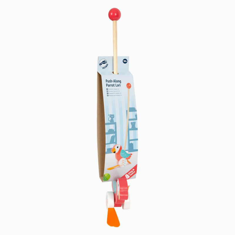 Afbeelding laden in galerijviewer, Small foot - houten duwfiguur papegaai lori met stok
