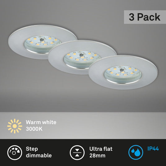 Briloner - led-inbouwlampen set van 3 dimbaar, elk 6,5 w, 3.000 kelvin ip44, aluminiumkleurig ø7,5 cm