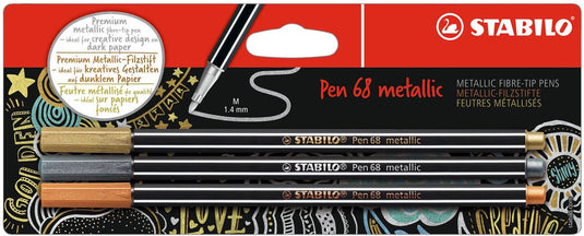 Stabilo pen 68 metallic - premium metallic viltstift - blister - met 3 verschillende kleuren