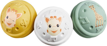 Sophie de giraf muzikale speelballen - 5-senses collectie - speelgoedbal - babyspeelgoed - 100% natuurlijk rubber - ok-biobased - vanaf 3 maanden - geel wit groen - 3 stuks