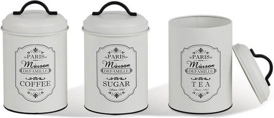 Maestro - set van 3 opbergblikken voor: suiker koffie thee | voedselcontainer - 3x ø11,3 x 18,5cm wit zwart