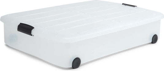 Iris clearbox opbergbox - onder-het-bed - met half te openen deksel - 50l - kunststof - transparant - met wielen