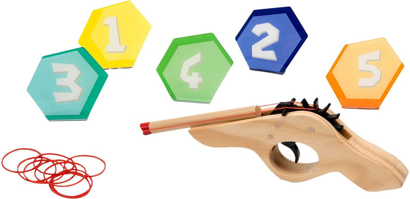 Afbeelding laden in galerijviewer, Bs toys schiet 'm! elastiekpistool - hout - coördinatiespel - vanaf 6 jaar - 5 targets
