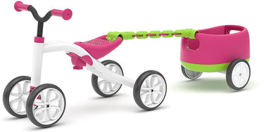Chillafish loopfiets 1 jaar met aanhangwagen voor jongens en meisjes - vierwieler tot 3 jaar met opbergvak - roze - lichtgewicht loopauto - extra stabiel - stille anti slip banden voor binnen en buiten - model quadie trailer