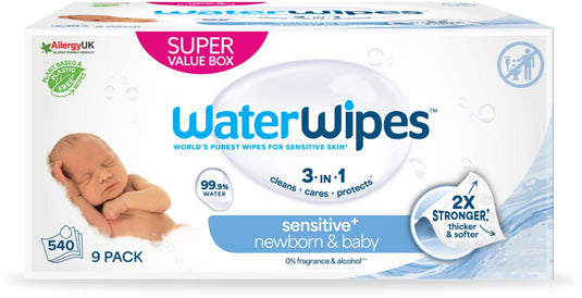 Waterwipes billendoekjes bio - sensitive - 9 x 60 stuks - 540 doekjes - voordeelverpakking